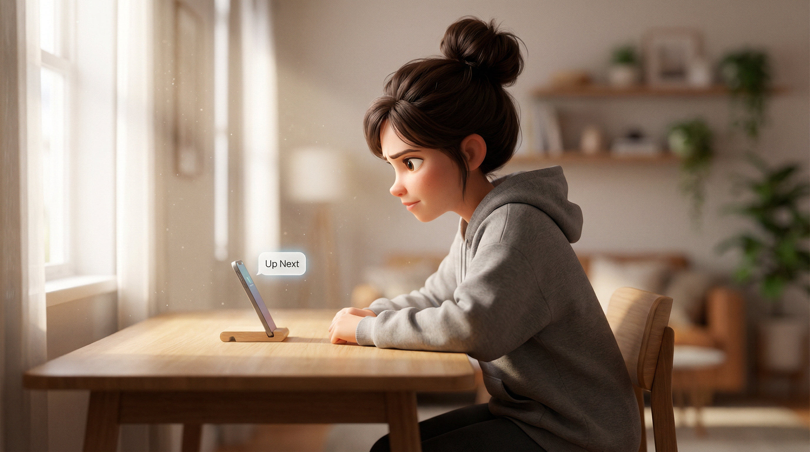 Serenity using Up Next at a wooden desk in a bright room