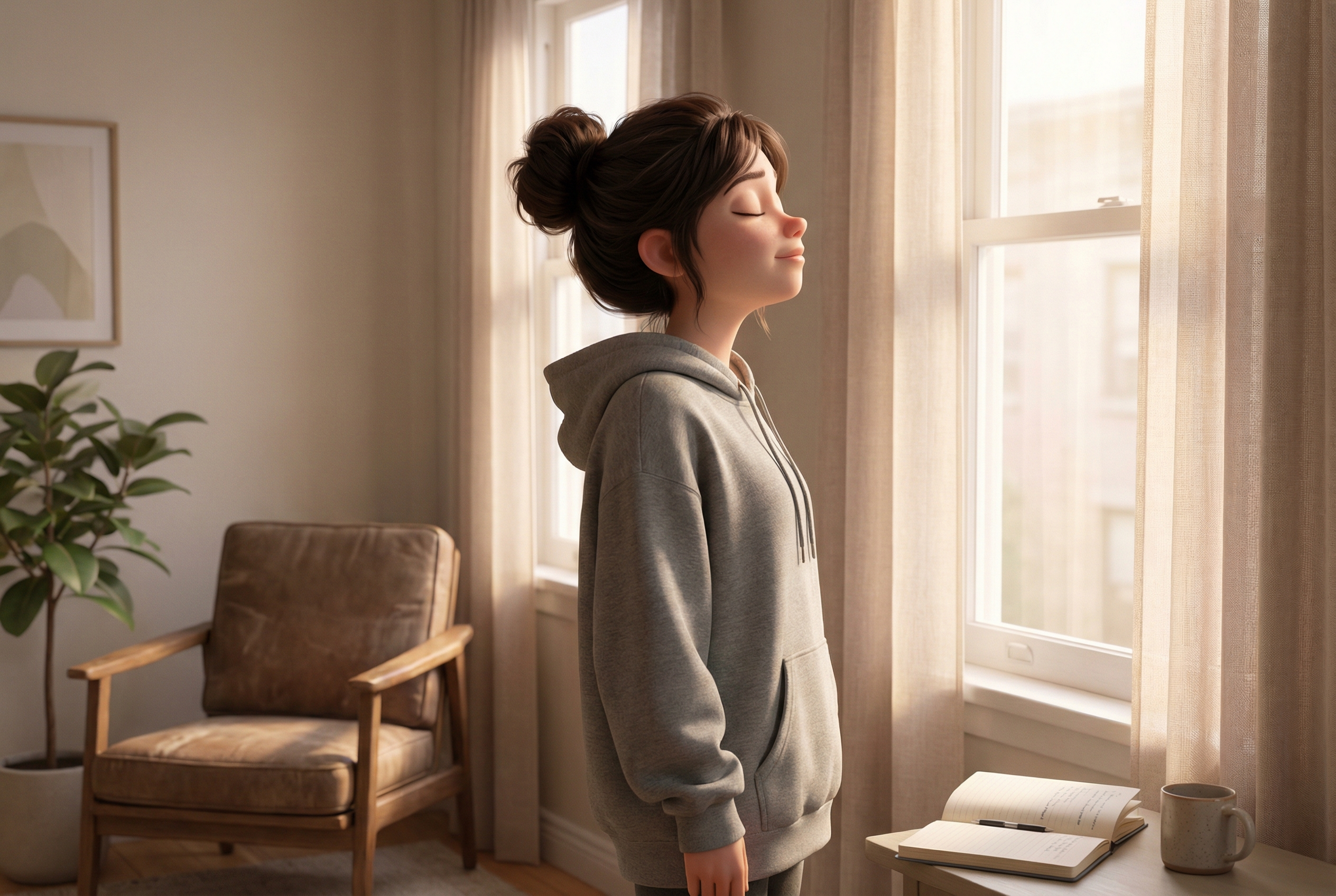 Serenity pausing at a table while checking Up Next on her phone