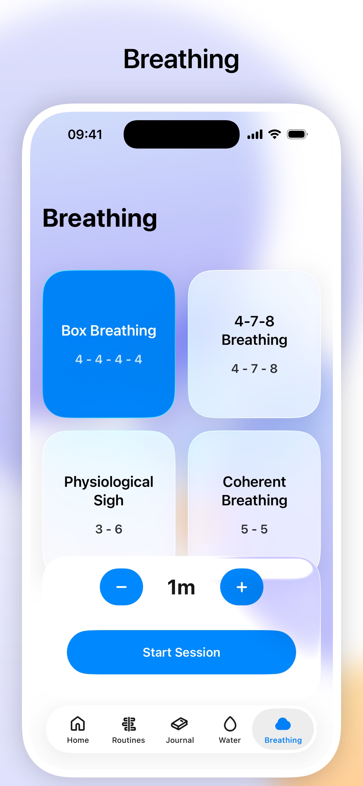 Breathing exercise view for short reset moments