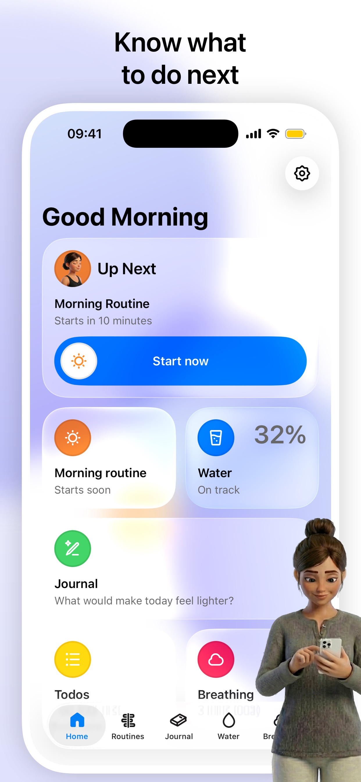 Serenity home screen showing the Up Next tile for the current action