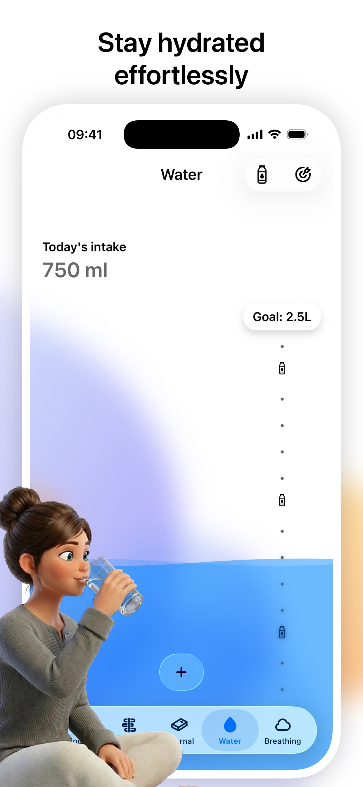 Hydration tracking screen in Serenity with progress toward daily goal